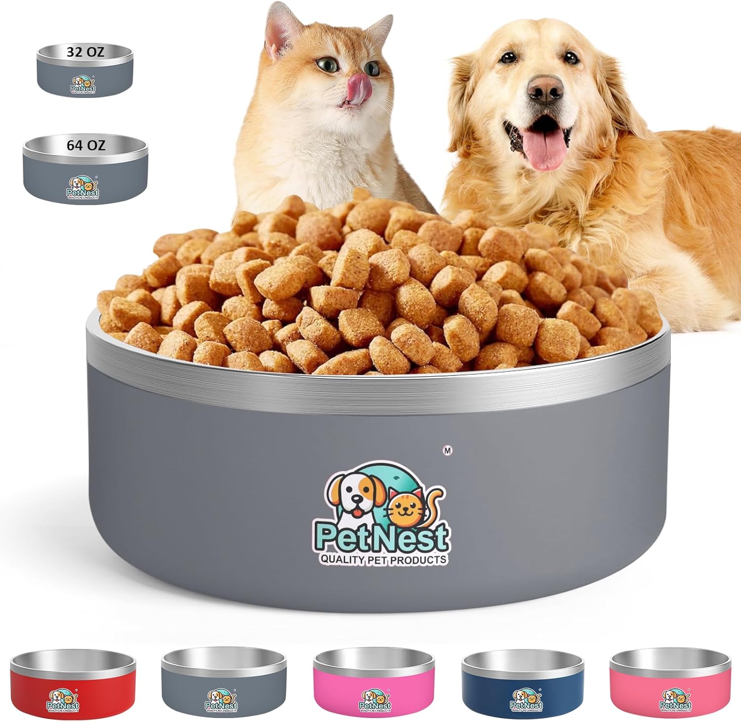 Stainless Steel Dog Bowls - Pet Food Bowls for Small, Medium & Large Dogs, No-Spill Puppy Bowls | Cat Food Bowl, Cute Pink, Blue Feeding Bowl Sets for Girl & Boy Dogs, Travel (Gray, 32 oz)