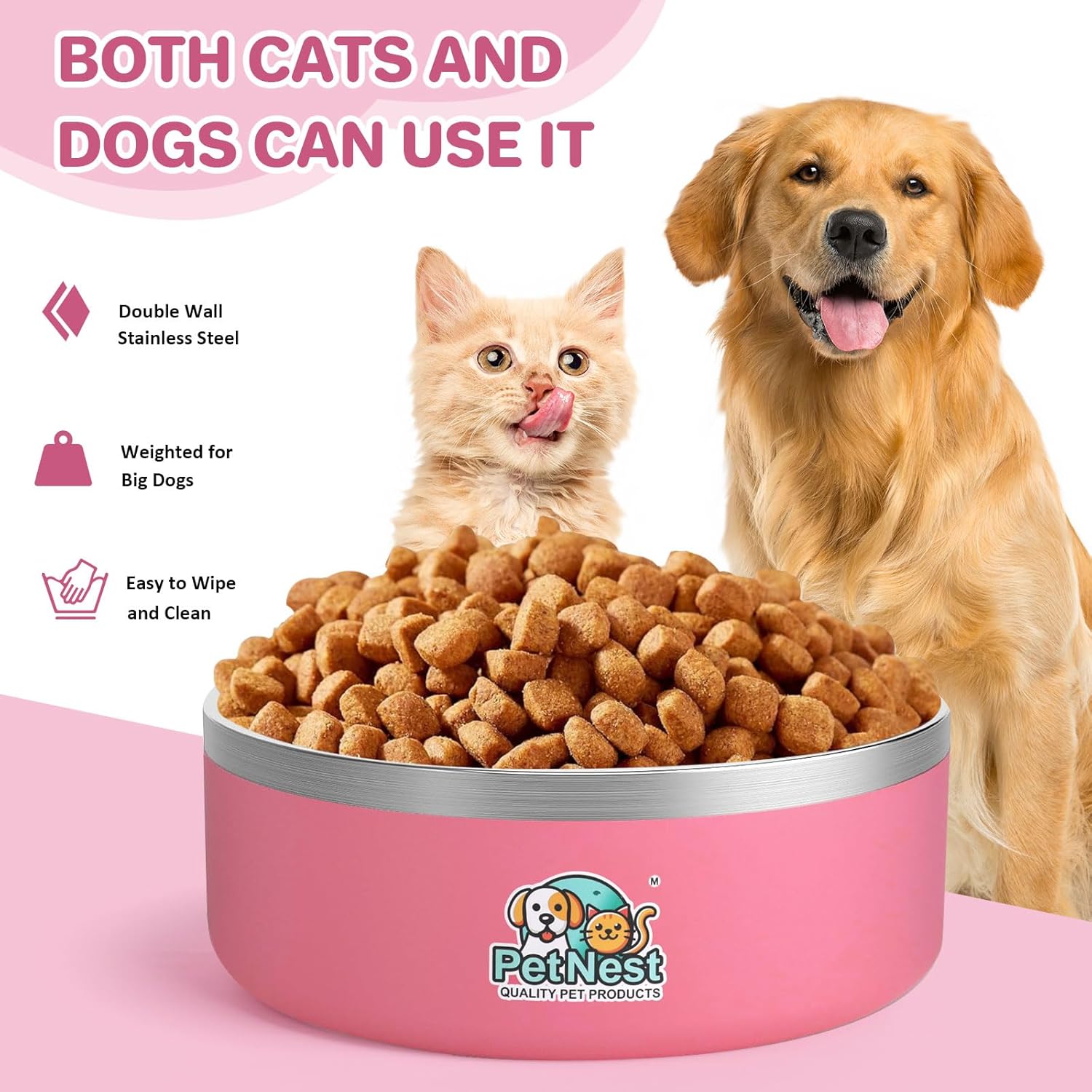 Stainless Steel Dog Bowls - Pet Food Bowls for Small, Medium & Large Dogs, No-Spill Puppy Bowls | Cat Food Bowl, Cute Pink, Blue Feeding Bowl Sets for Girl & Boy Dogs, Travel (Gray, 32 oz)