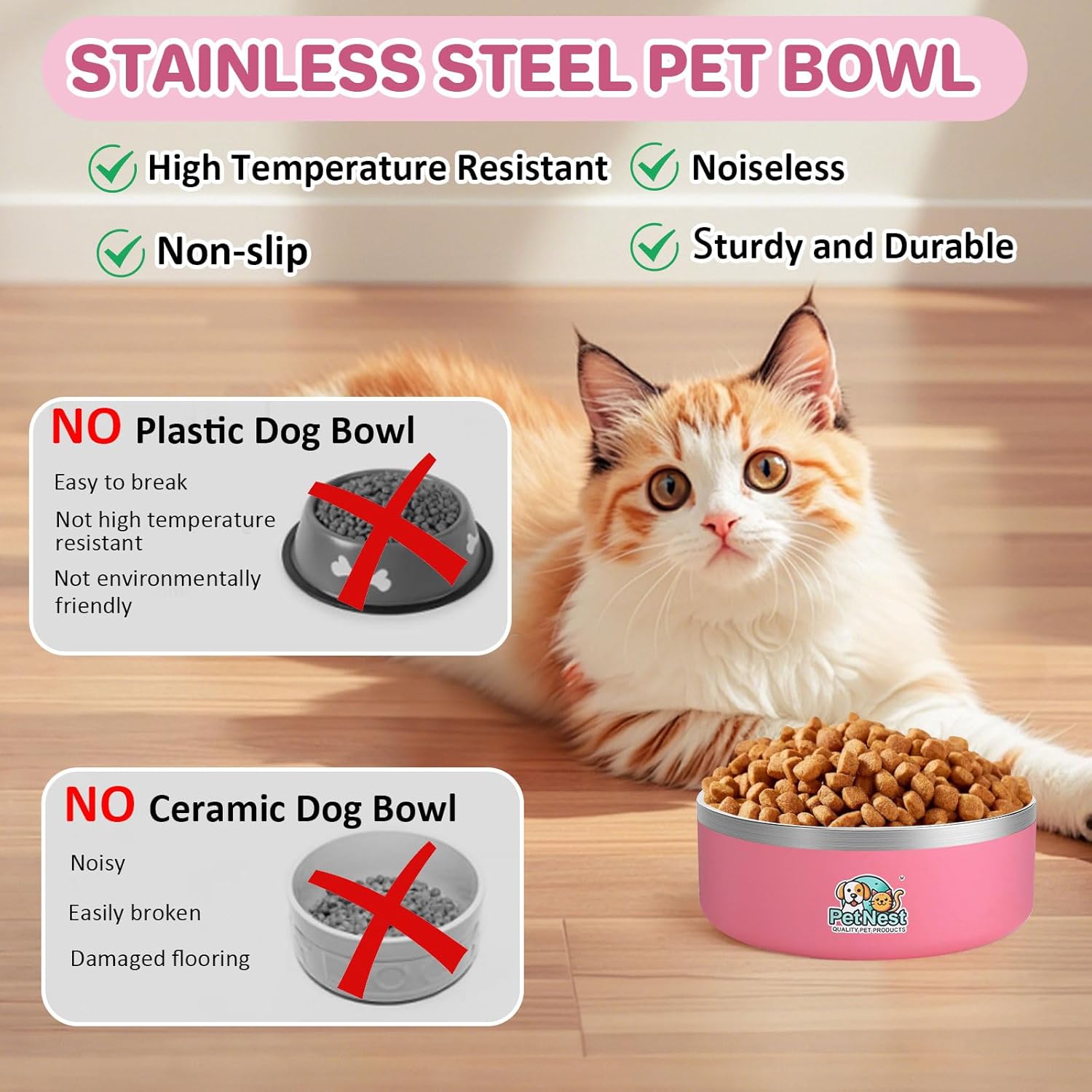 Stainless Steel Dog Bowls - Pet Food Bowls for Small, Medium & Large Dogs, No-Spill Puppy Bowls | Cat Food Bowl, Cute Pink, Blue Feeding Bowl Sets for Girl & Boy Dogs, Travel (Gray, 32 oz)