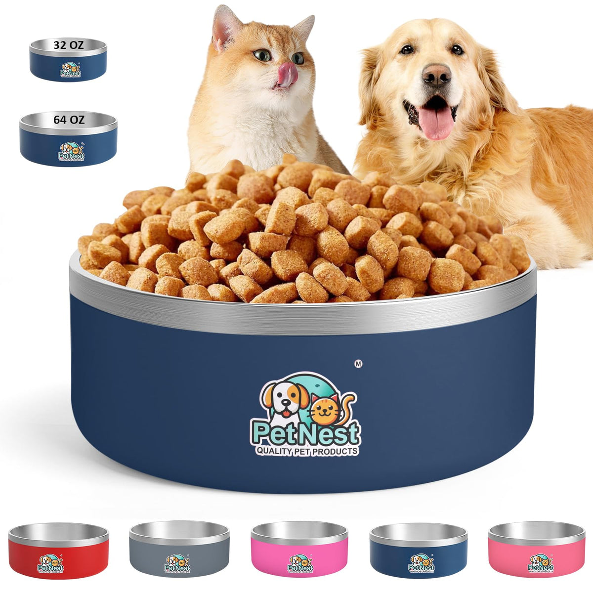 Stainless Steel Dog Bowls - Pet Food Bowls for Small, Medium & Large Dogs, No-Spill Puppy Bowls | Cat Food Bowl, Cute Pink, Blue Feeding Bowl Sets for Girl & Boy Dogs, Travel (Gray, 32 oz)