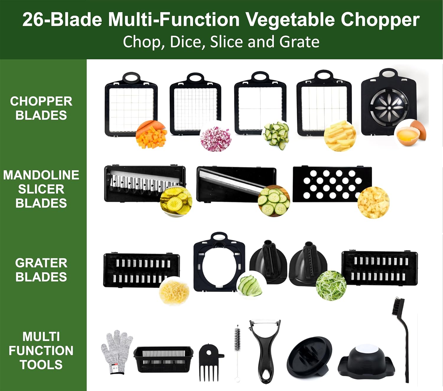 Vegetable Chopper, Cutter, Slicer & Shredder - Manual 26-in-1 Food Chopper with Container, Onion Chopper, Mandoline Slicer, Spiralizer, Grater & Dicer for Tomato, Carrot, Cucumber, Potato & Fruits