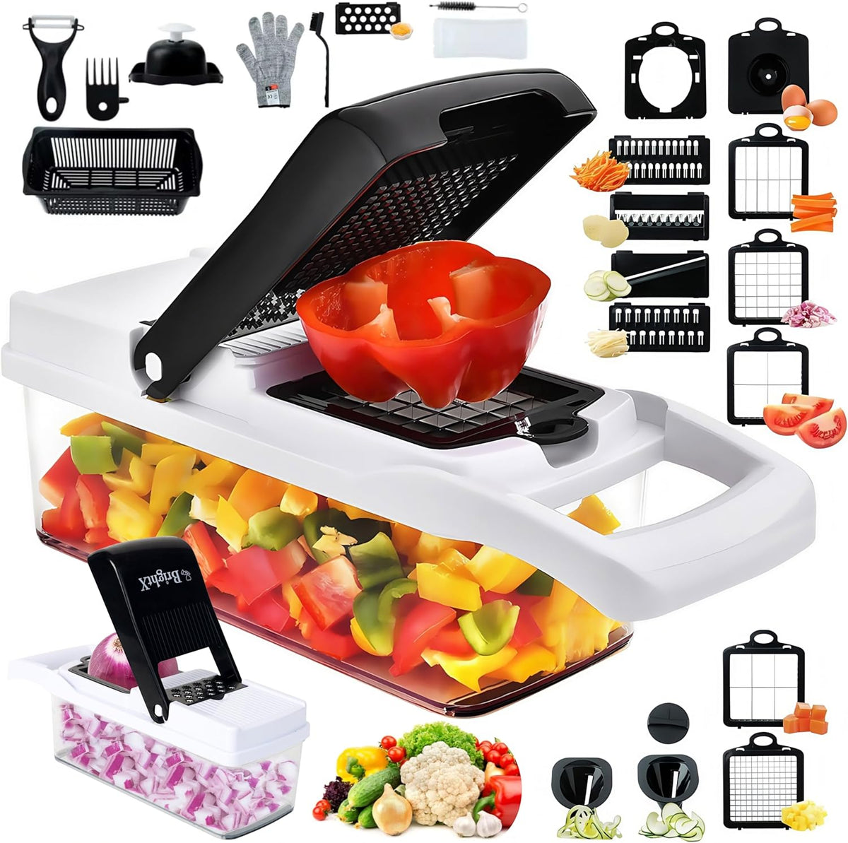 Vegetable Chopper, Cutter, Slicer & Shredder - Manual 26-in-1 Food Chopper with Container, Onion Chopper, Mandoline Slicer, Spiralizer, Grater & Dicer for Tomato, Carrot, Cucumber, Potato & Fruits