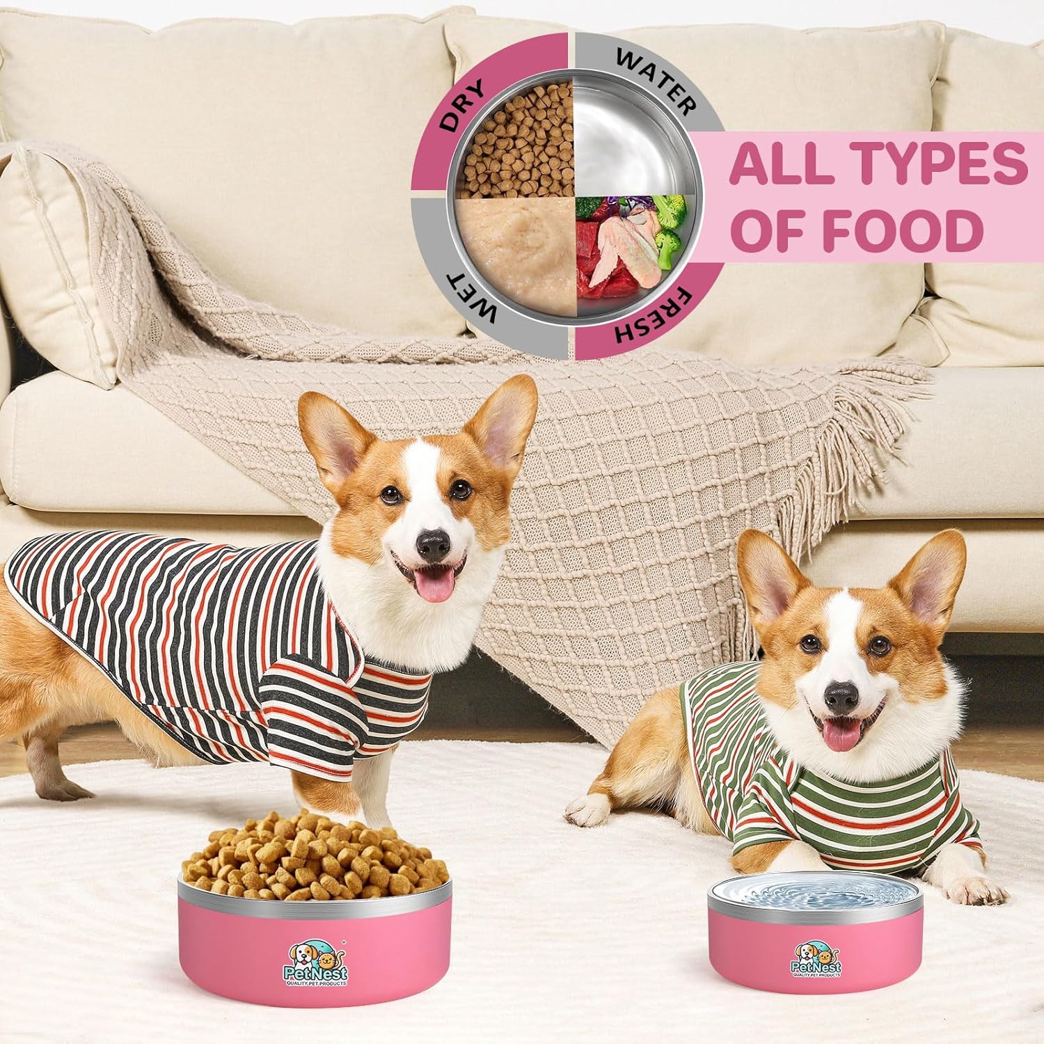 Stainless Steel Dog Bowls - Pet Food Bowls for Small, Medium & Large Dogs, No-Spill Puppy Bowls | Cat Food Bowl, Cute Pink, Blue Feeding Bowl Sets for Girl & Boy Dogs, Travel (Gray, 32 oz)